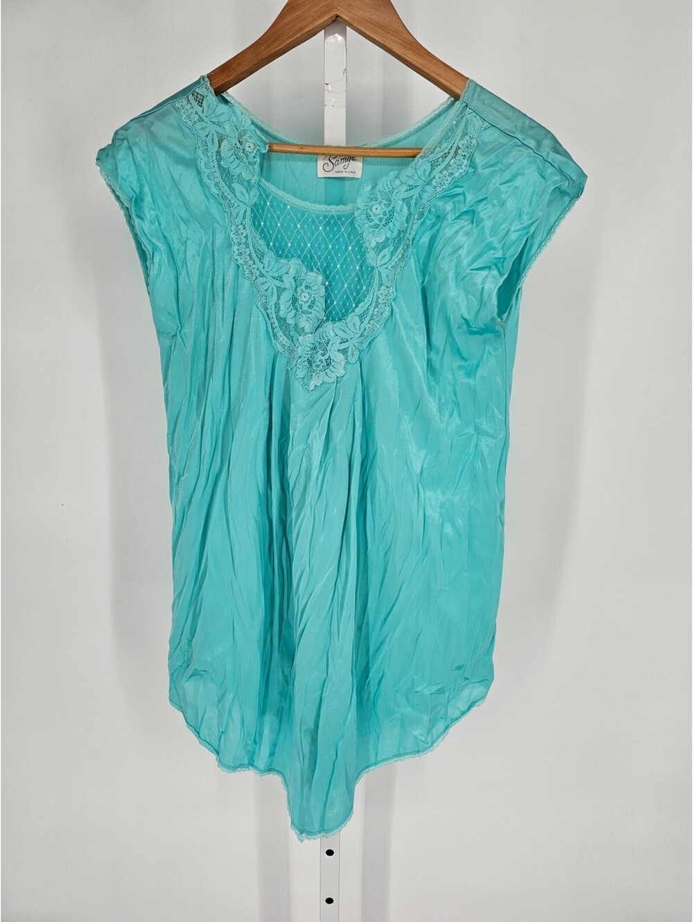 Vintage 1980s Samye Womens Sz L Teal Blue Nylon Sleep Shirt Lace Accents